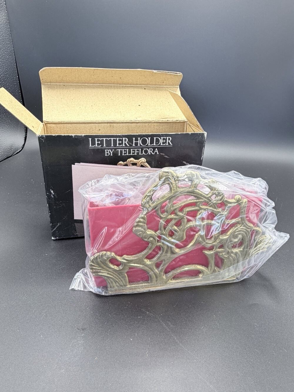 NOS 1983 Teleflora Brass Ornate Napkin Letter Holder Vintage New in Box